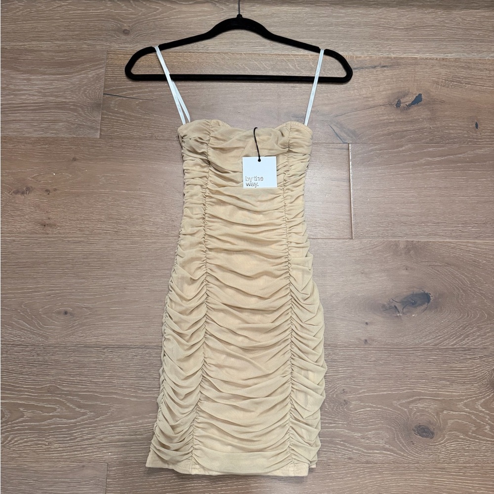 by the way. Beige Ruched Mini Dress